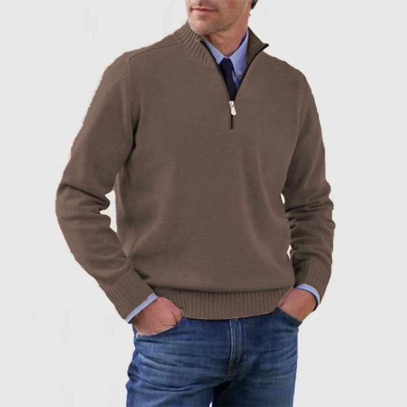 Men's Stand Collar Zipper Sweater Winter Fashion Solid Color Long Sleeve Knitted Top Clothing Miccelli Luxe