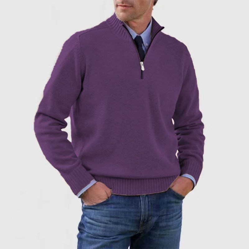 Men's Stand Collar Zipper Sweater Winter Fashion Solid Color Long Sleeve Knitted Top Clothing Miccelli Luxe