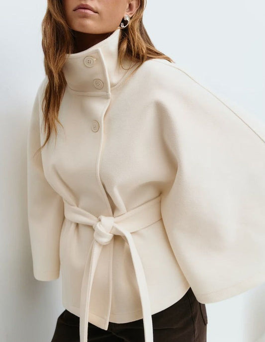 Winter High Neck Batwing Sleeve Coat With Belt Fashion Loose Elegant Button Top Trench Coat For Women Clothing Miccelli Luxe