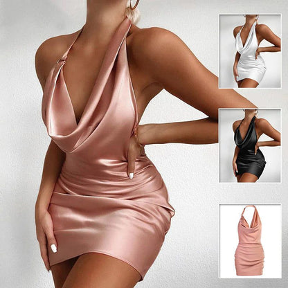A woman models the Miccelli Luxe Sleeveless Backless Mini Dress in pink satin. Smaller images display this chic summer party dress available in white, black, and pink.