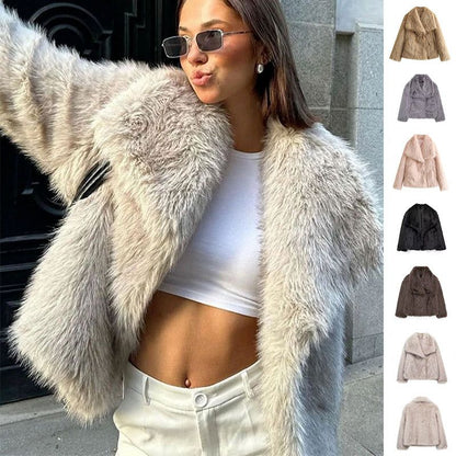 Winter Plush Coat Fashion Warm Thicken Fluffy Lapel Jacket Outwear Casual Long Sleeve Tops Womens Clothing Miccelli Luxe