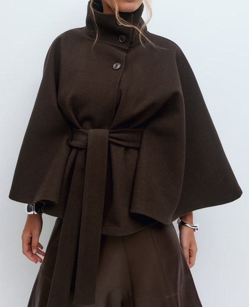 Winter High Neck Batwing Sleeve Coat With Belt Fashion Loose Elegant Button Top Trench Coat For Women Clothing Miccelli Luxe