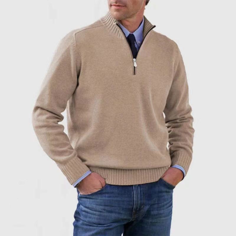 Men's Stand Collar Zipper Sweater Winter Fashion Solid Color Long Sleeve Knitted Top Clothing Miccelli Luxe