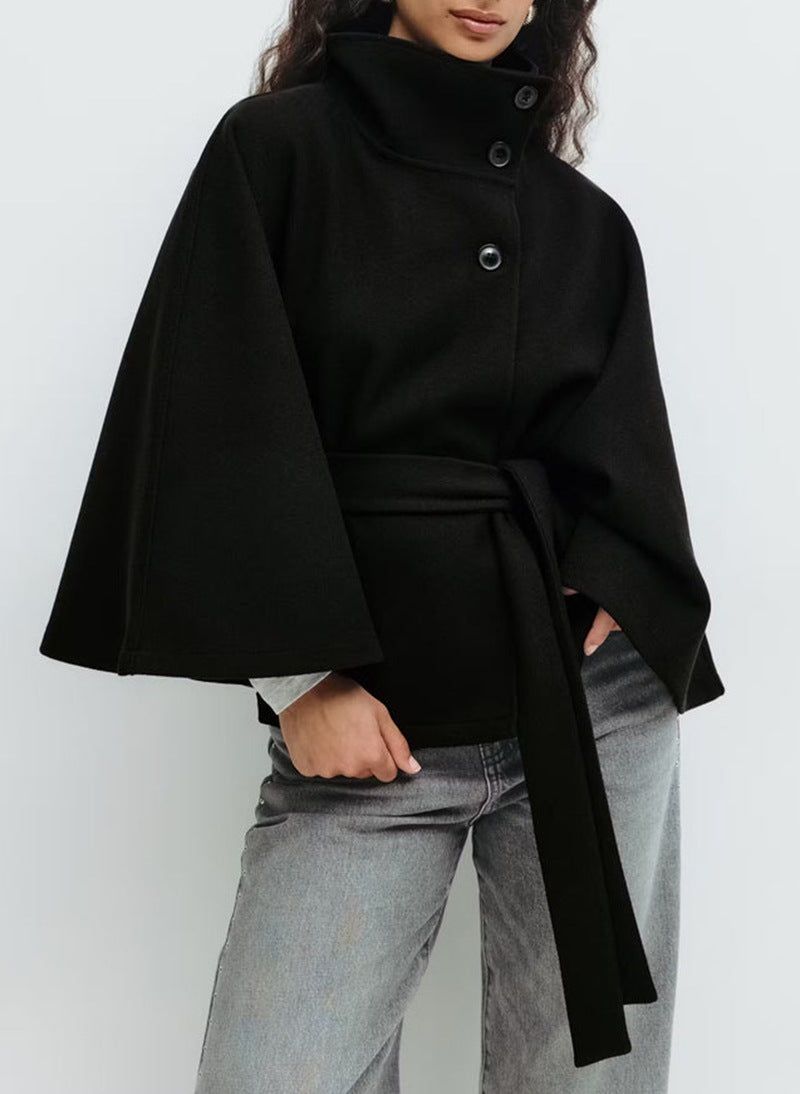 Winter High Neck Batwing Sleeve Coat With Belt Fashion Loose Elegant Button Top Trench Coat For Women Clothing Miccelli Luxe