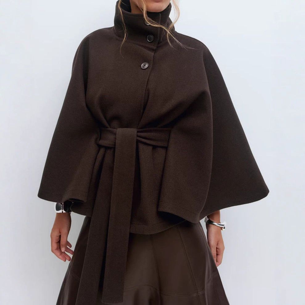 Winter High Neck Batwing Sleeve Coat With Belt Fashion Loose Elegant Button Top Trench Coat For Women Clothing Miccelli Luxe