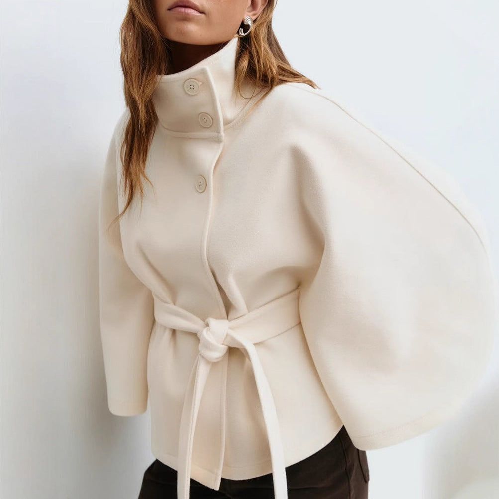 Winter High Neck Batwing Sleeve Coat With Belt Fashion Loose Elegant Button Top Trench Coat For Women Clothing Miccelli Luxe