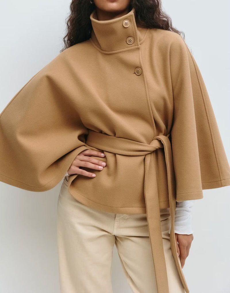 Winter High Neck Batwing Sleeve Coat With Belt Fashion Loose Elegant Button Top Trench Coat For Women Clothing Miccelli Luxe