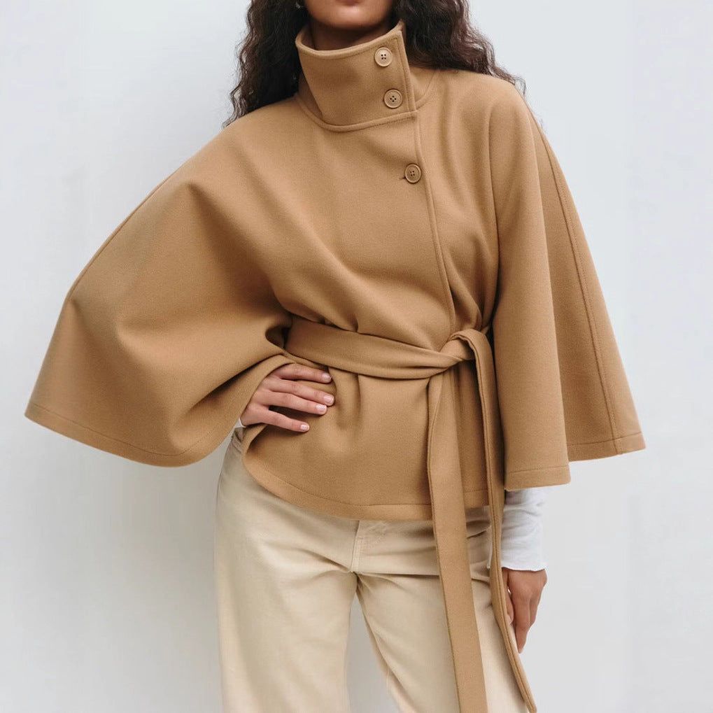 Winter High Neck Batwing Sleeve Coat With Belt Fashion Loose Elegant Button Top Trench Coat For Women Clothing Miccelli Luxe