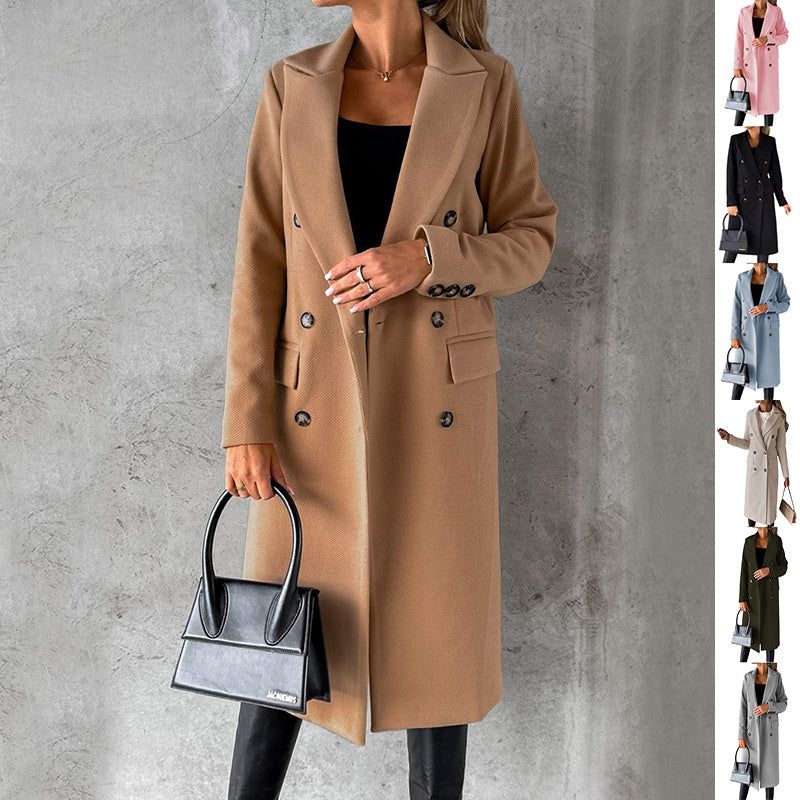 Double Breasted Lapel Coat Winter Fashion Solid Slim Long Jacket Long Sleeve Tops Womens Clothing Miccelli Luxe