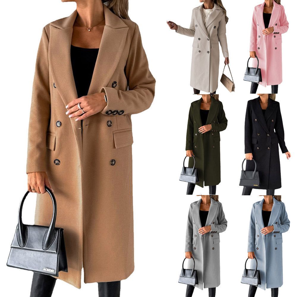 Double Breasted Lapel Coat Winter Fashion Solid Slim Long Jacket Long Sleeve Tops Womens Clothing Miccelli Luxe